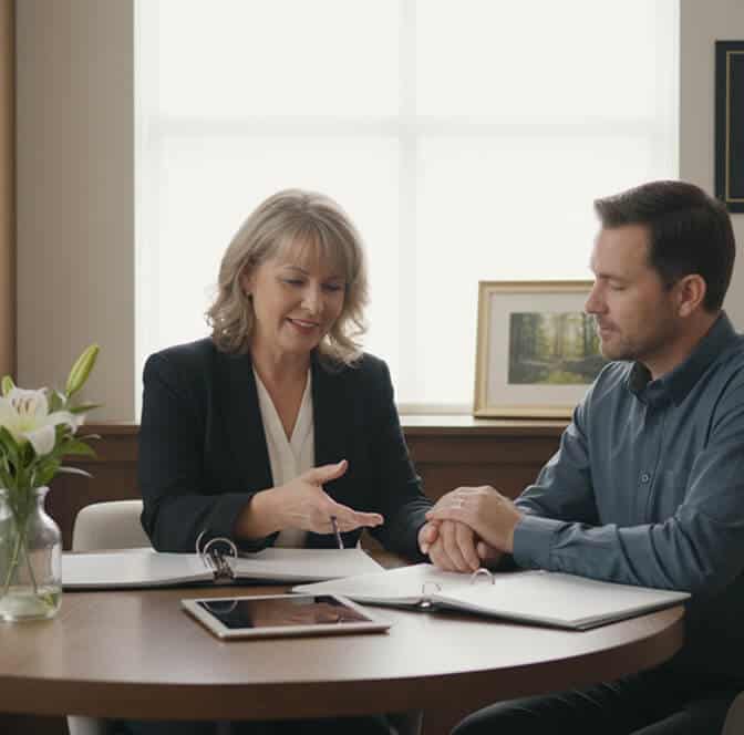 Two people sitting at a table, one is a counselor and the other a client, in a well-lit office.