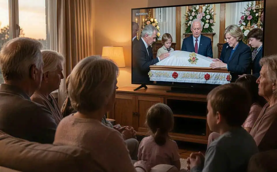 Family gathered in living room watching funeral service on TV.