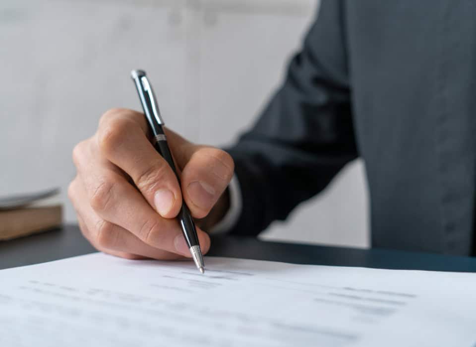 Close-up of a person signing a death certificate with a pen.