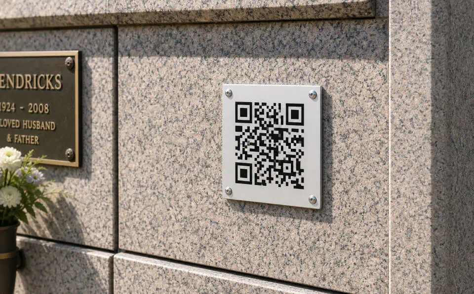 Large QR code on a granite wall at a memorial site.