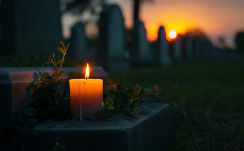 Lit candle on a grave with sunset in the background at a cemetery.