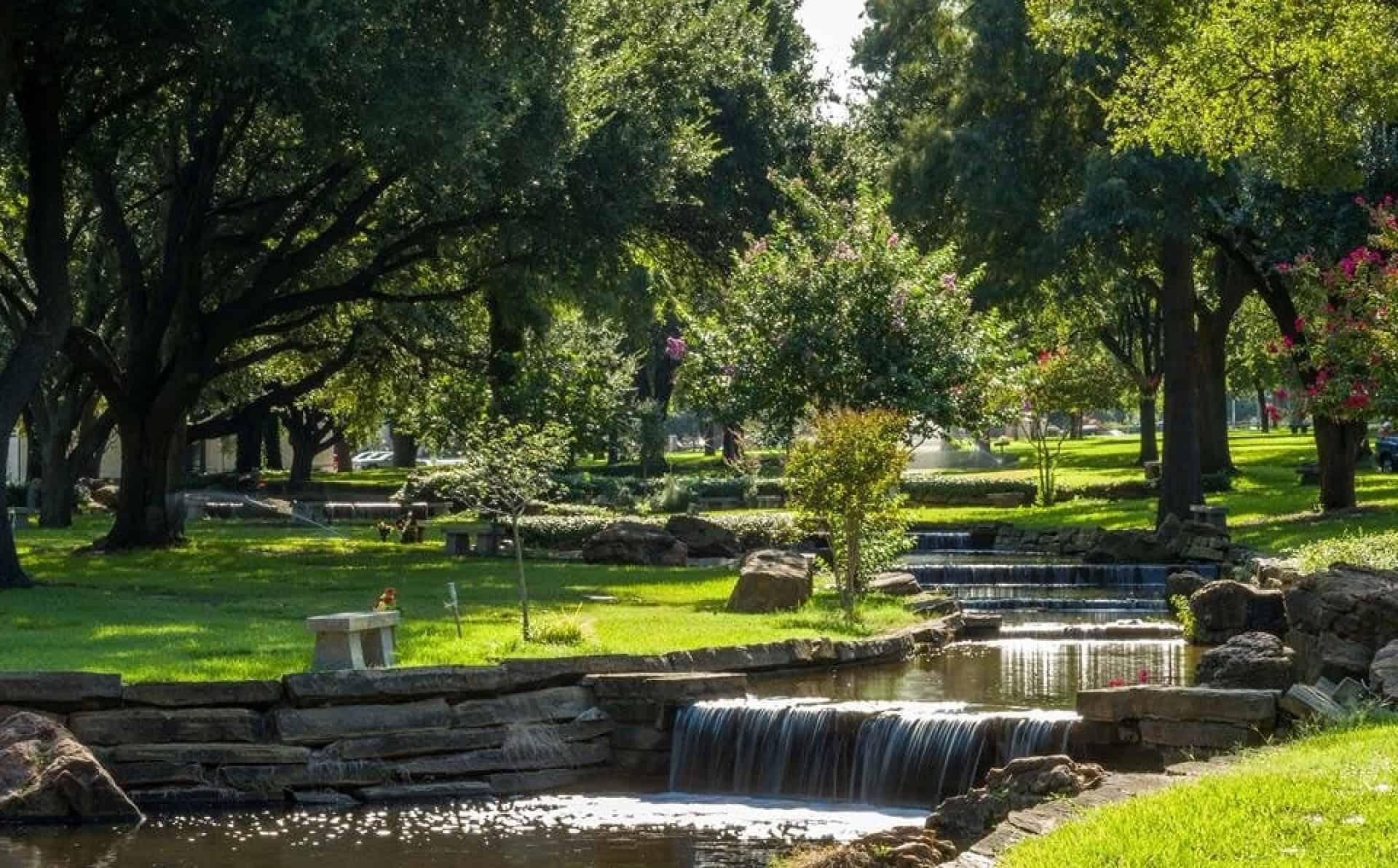 A peaceful garden with a small waterfall and lush trees.