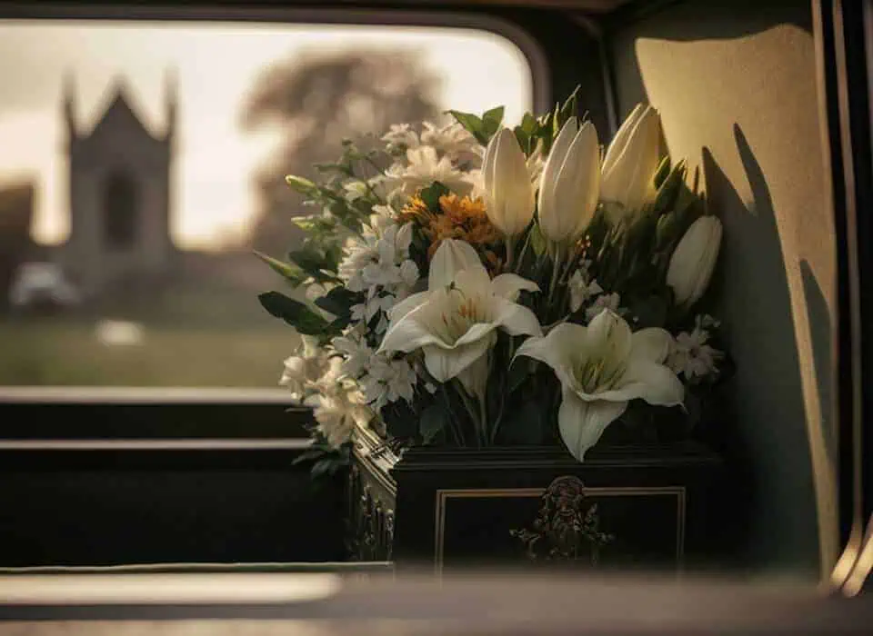 Elegant flower bouquet with white lilies and other blooms inside a vehicle.